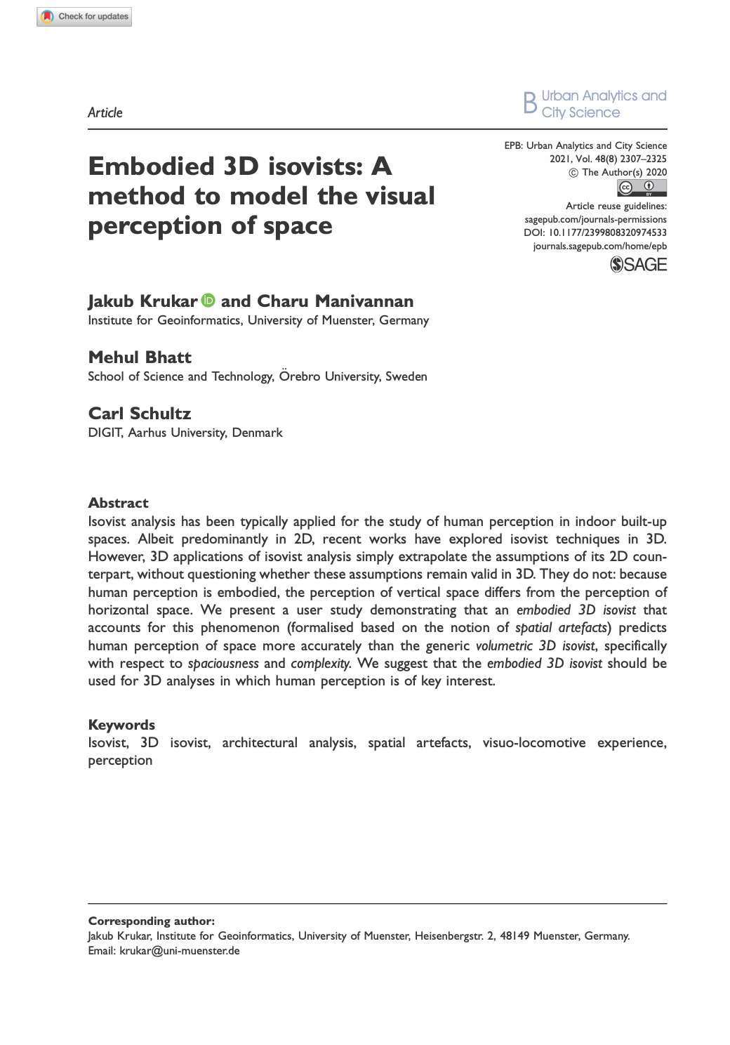 Embodied 3D isovists: A method to model the visual perception of space
